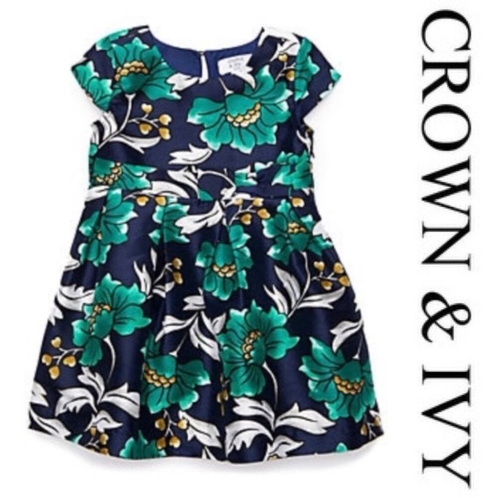 Crown and Ivy | Blue and Green Holiday Floral Girls Dress | Size 18 Months